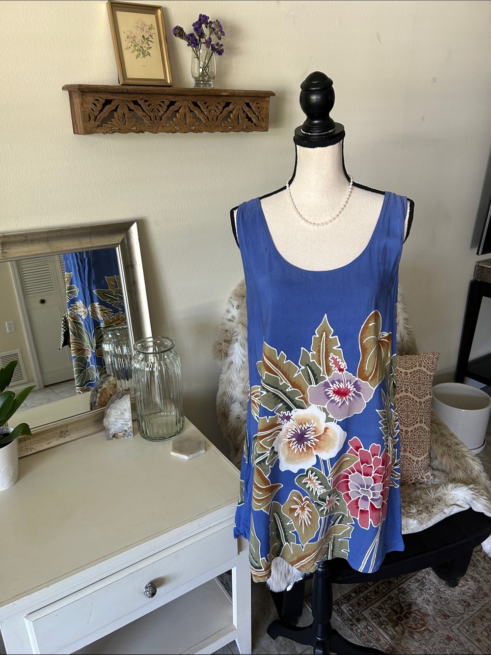 Back east Vtg blue Hawaiian tropical floral beach cover tank shift dress M